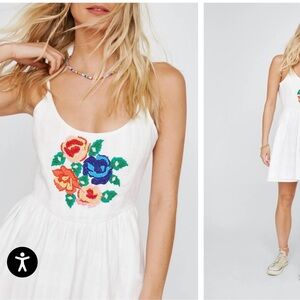Nasty Gal White Mini Dress with Floral Embroidery